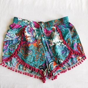 E2 Boho Silky Shorts with Pompom Fringe Multicolor